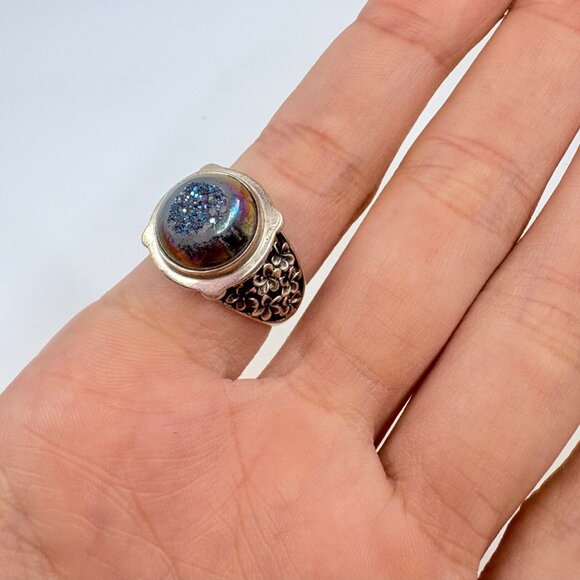 VTG Sterling Silver 925 Druzy Quartz Floral Shoulder Statement Ring Size 9 - Picture 5 of 8